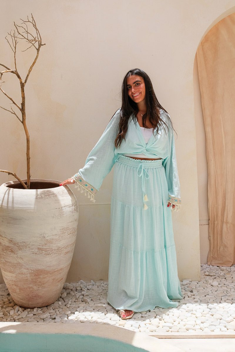 Blue Oasis Co-Ord Set (Short Kimono + Maxi Skirt)