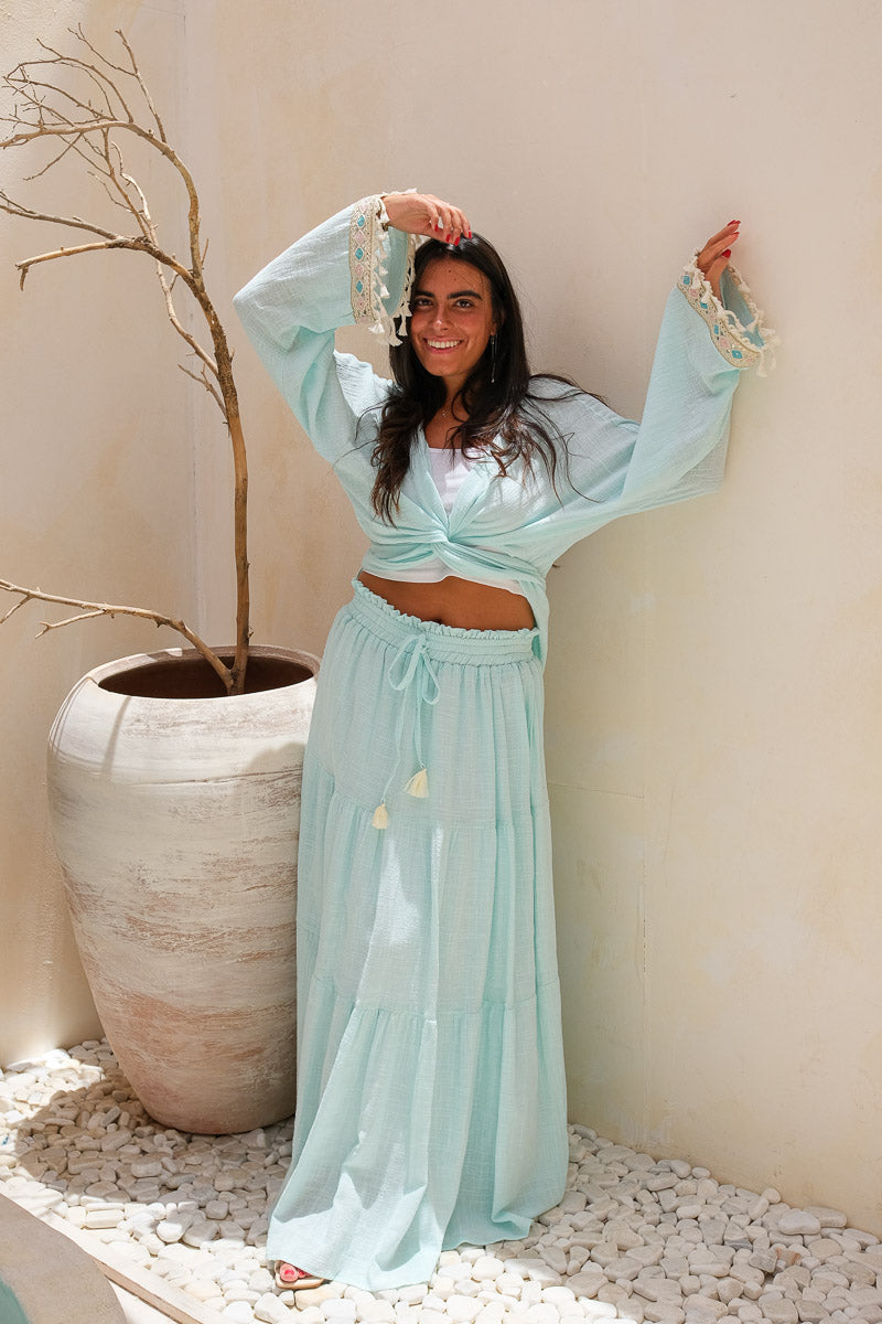Blue Oasis Co-Ord Set (Short Kimono + Maxi Skirt)