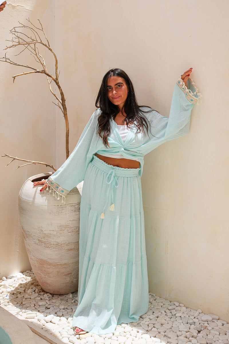 Blue Oasis Co-Ord Set (Short Kimono + Maxi Skirt)