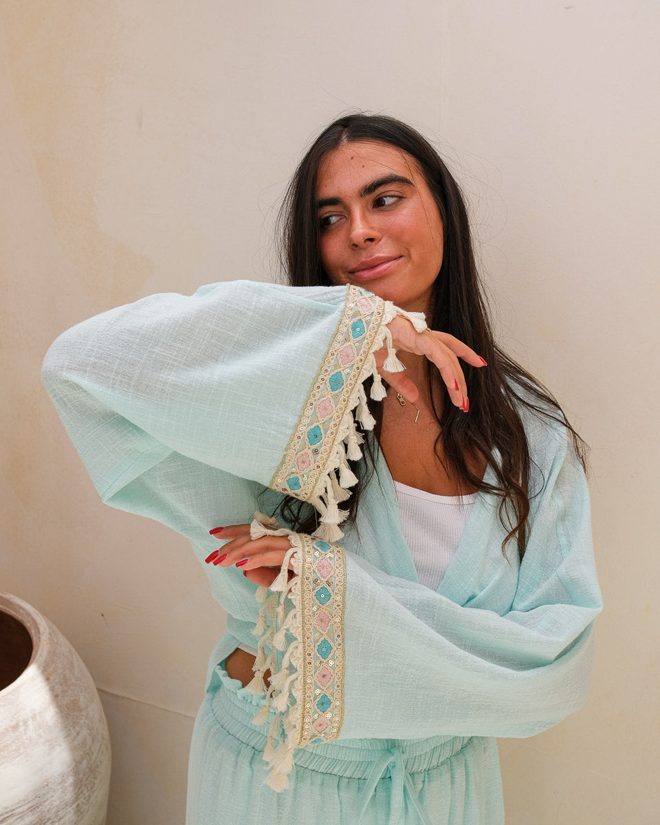 Blue Oasis Co-Ord Set (Short Kimono + Maxi Skirt)
