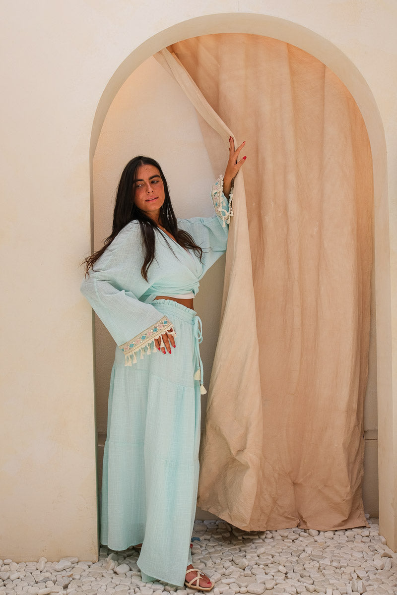 Blue Oasis Co-Ord Set (Short Kimono + Maxi Skirt)