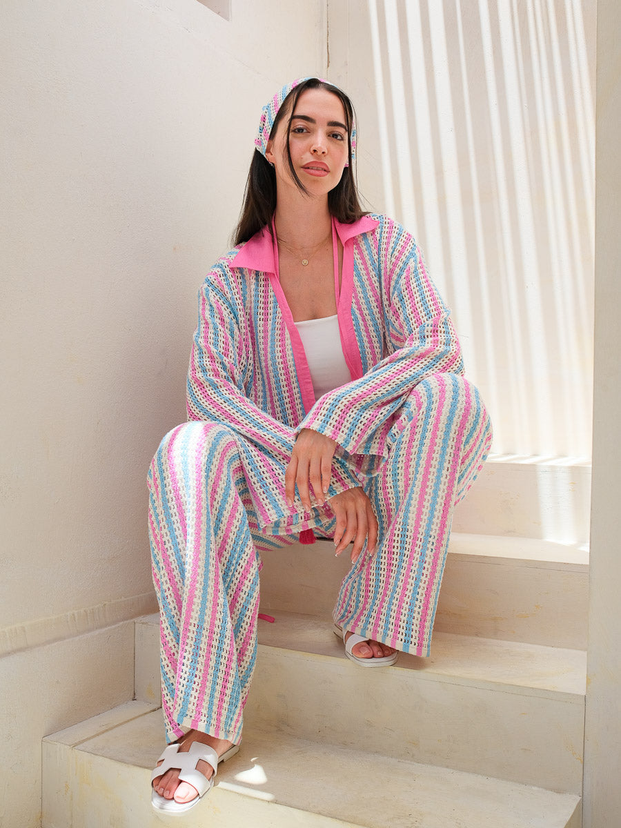 Cotton Candy Knit Co-Ord (3-piece set: jacket +linen pants )
