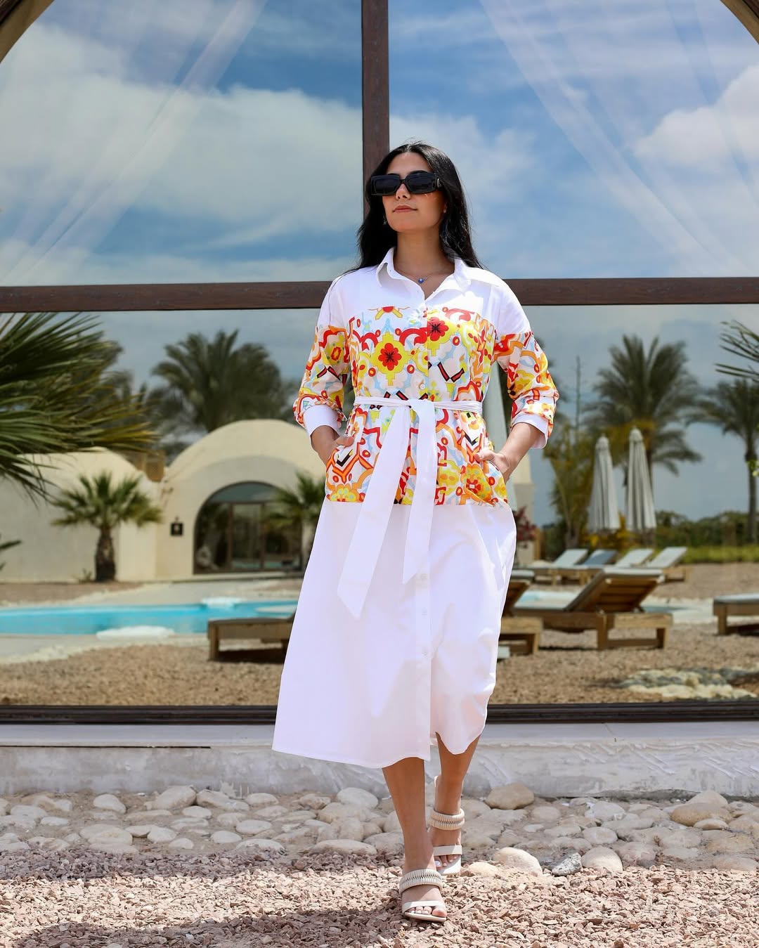 Tunis Mosaic Belted Shirt Dress – Ivory Fusion