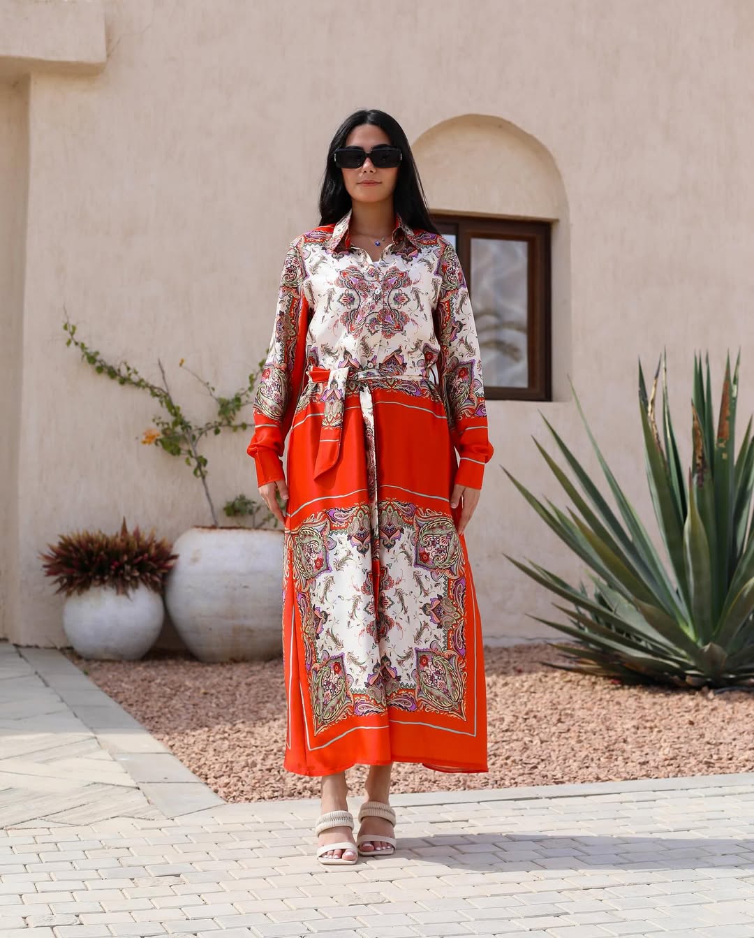 Sahara Scarf Print Shirt Dress – Fiery Red