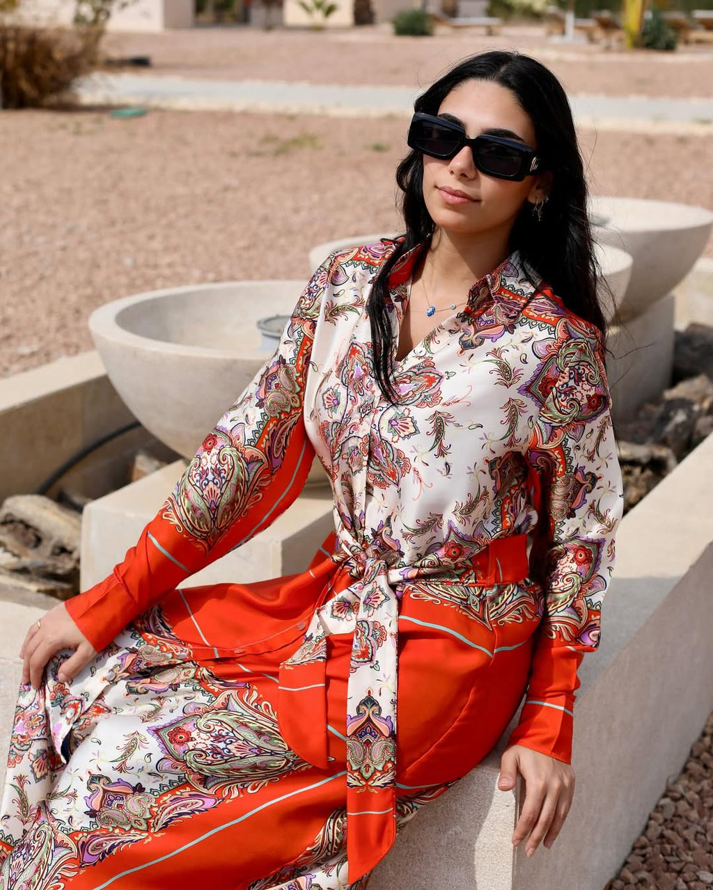 Sahara Scarf Print Shirt Dress – Fiery Red