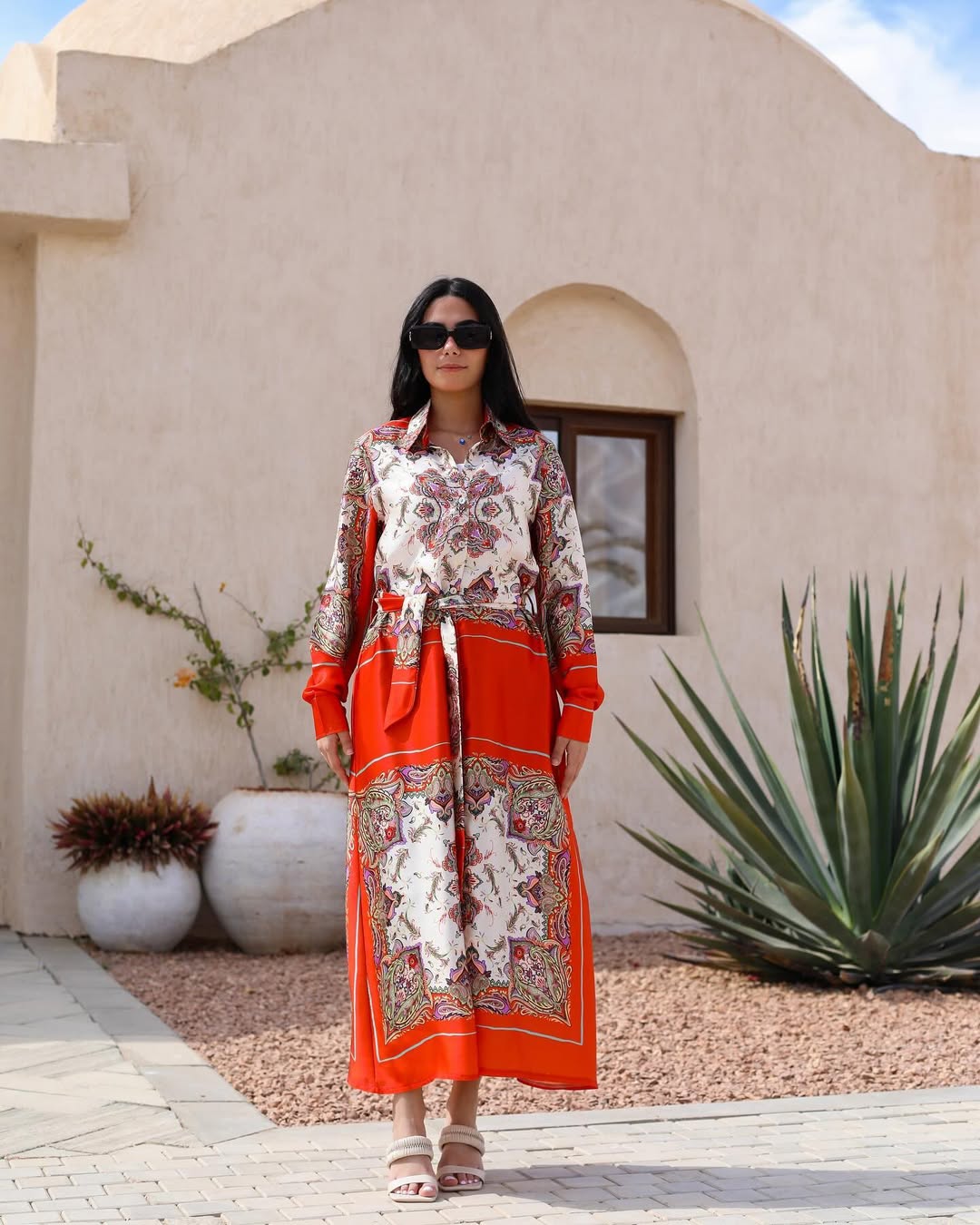 Sahara Scarf Print Shirt Dress – Fiery Red